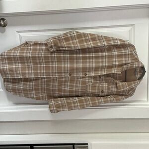 Long Brown/khaki plaid flannel Jacket shirt. Size M